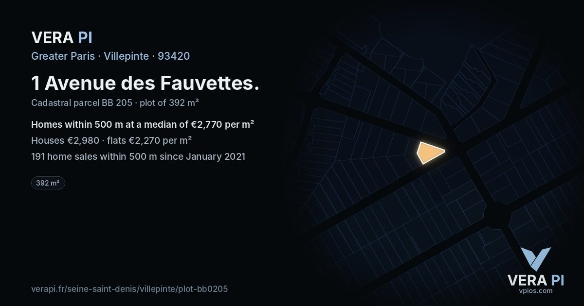 1 Avenue des Fauvettes, Villepinte at night – the plot lit, the parcels around coloured by the prices near them