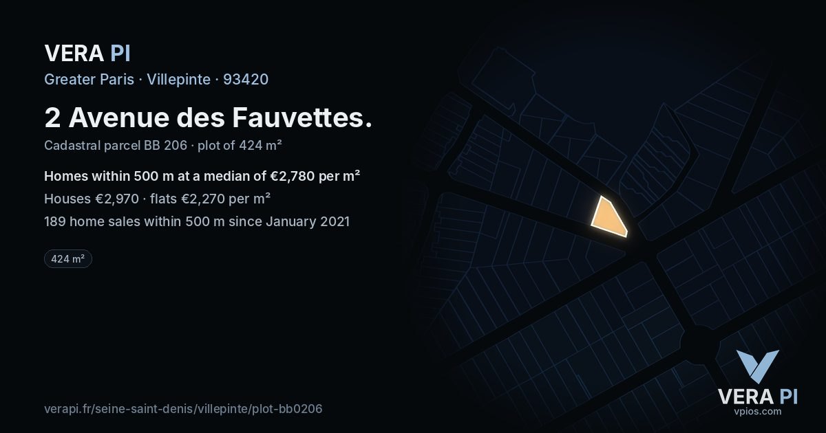 2 Avenue des Fauvettes, Villepinte at night – the plot lit, the parcels around coloured by the prices near them