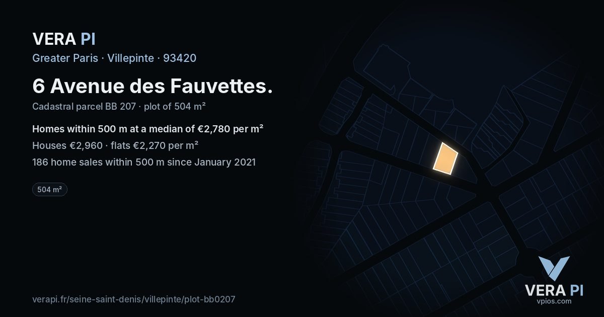 6 Avenue des Fauvettes, Villepinte at night – the plot lit, the parcels around coloured by the prices near them