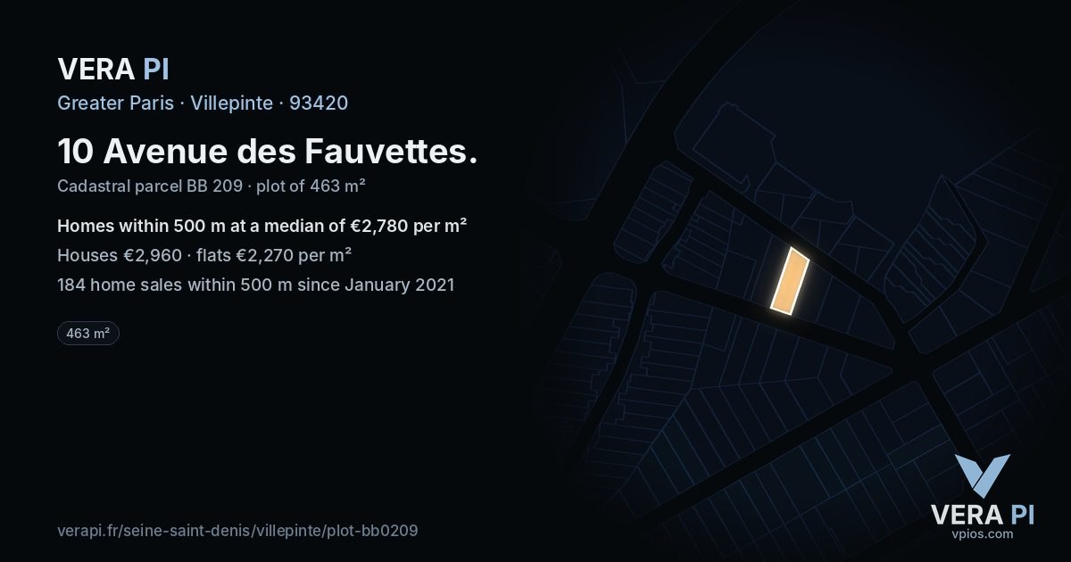 10 Avenue des Fauvettes, Villepinte at night – the plot lit, the parcels around coloured by the prices near them