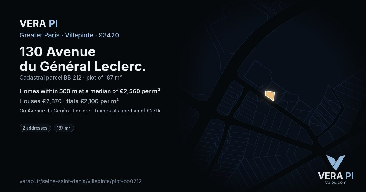 130 Avenue du Général Leclerc, Villepinte at night – the plot lit, the parcels around coloured by the prices near them