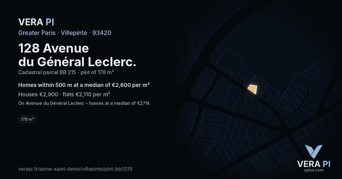 128 Avenue du Général Leclerc, Villepinte at night – the plot lit, the parcels around coloured by the prices near them