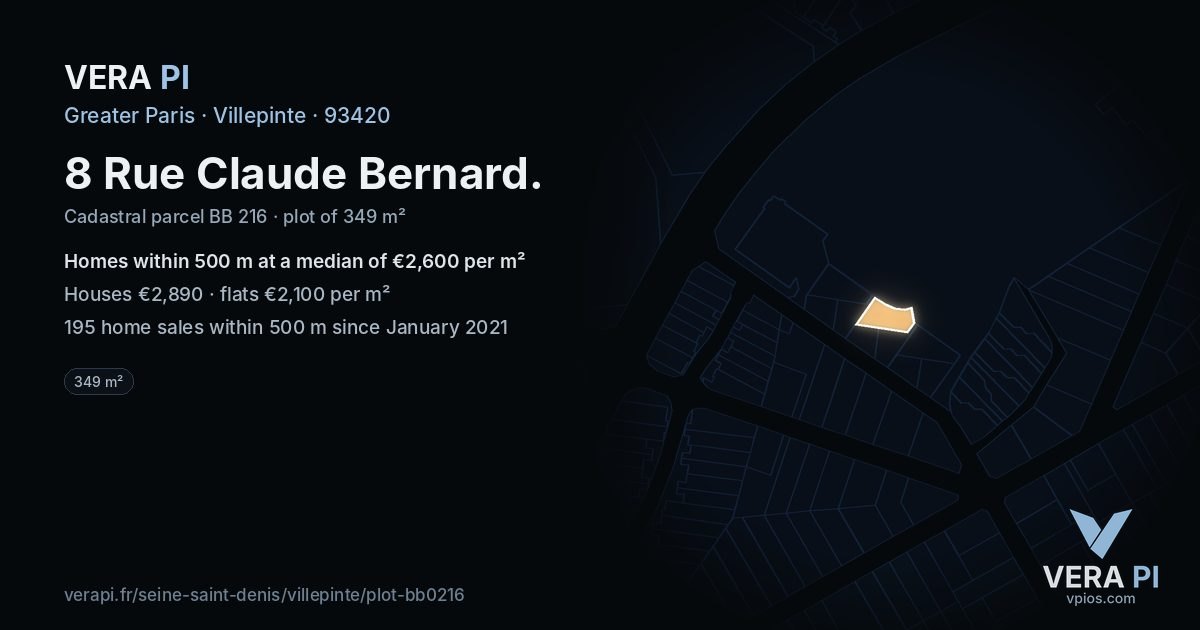 8 Rue Claude Bernard, Villepinte at night – the plot lit, the parcels around coloured by the prices near them