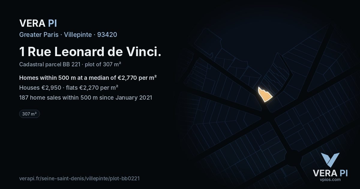 1 Rue Leonard de Vinci, Villepinte at night – the plot lit, the parcels around coloured by the prices near them