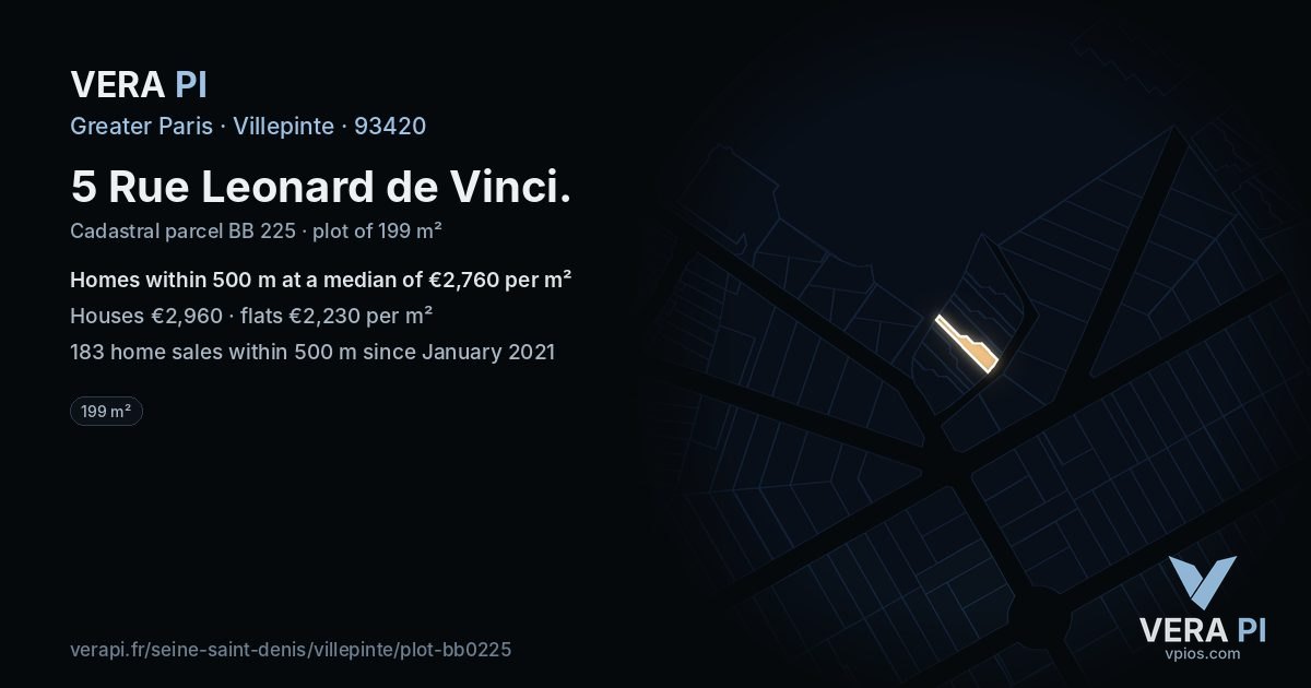 5 Rue Leonard de Vinci, Villepinte at night – the plot lit, the parcels around coloured by the prices near them