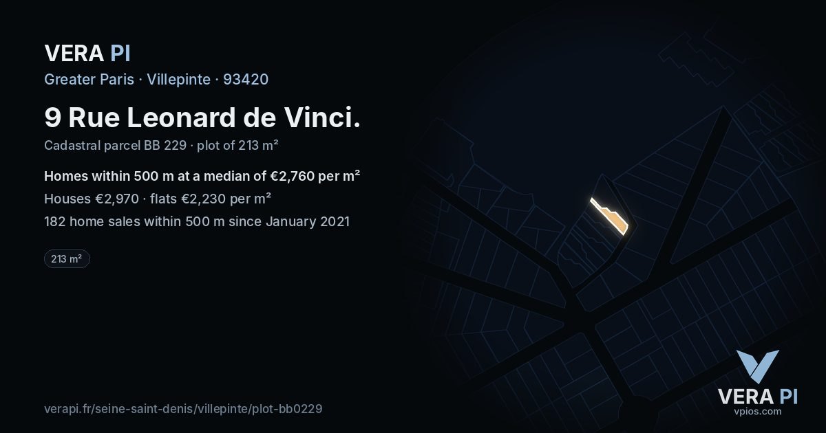 9 Rue Leonard de Vinci, Villepinte at night – the plot lit, the parcels around coloured by the prices near them