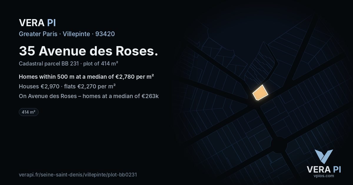35 Avenue des Roses, Villepinte at night – the plot lit, the parcels around coloured by the prices near them