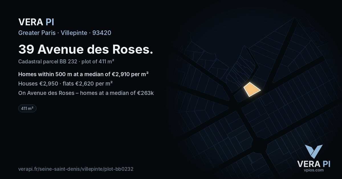 39 Avenue des Roses, Villepinte at night – the plot lit, the parcels around coloured by the prices near them