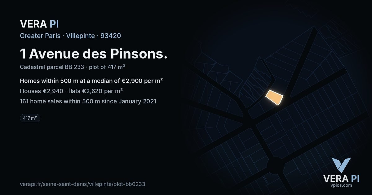 1 Avenue des Pinsons, Villepinte at night – the plot lit, the parcels around coloured by the prices near them