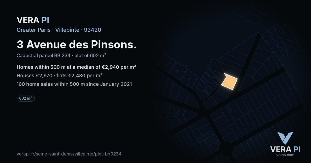 3 Avenue des Pinsons, Villepinte at night – the plot lit, the parcels around coloured by the prices near them