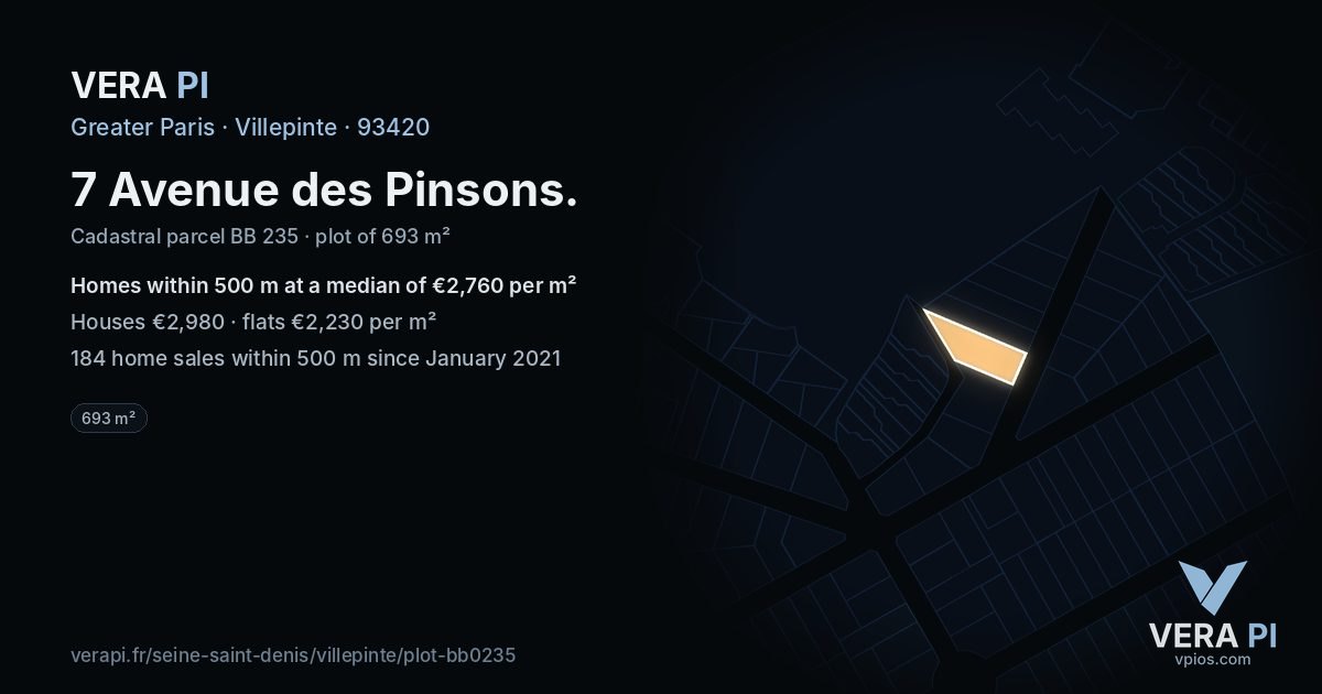 7 Avenue des Pinsons, Villepinte at night – the plot lit, the parcels around coloured by the prices near them
