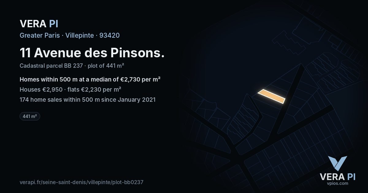 11 Avenue des Pinsons, Villepinte at night – the plot lit, the parcels around coloured by the prices near them