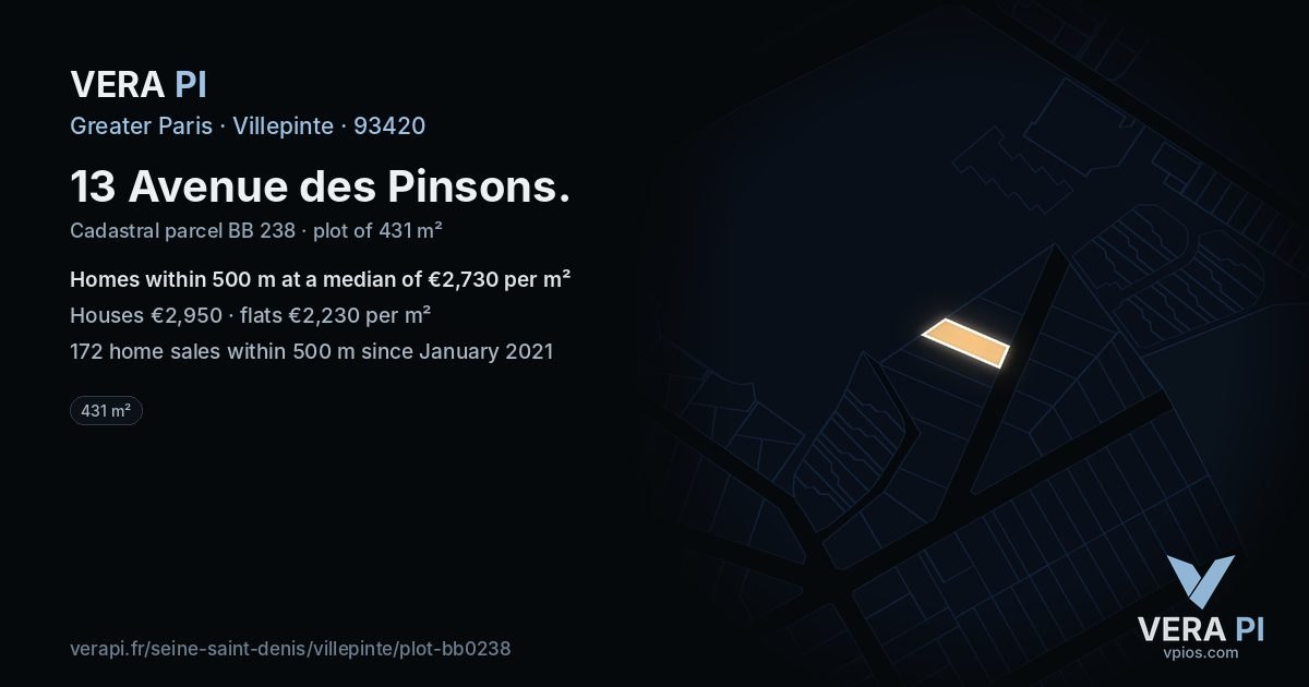 13 Avenue des Pinsons, Villepinte at night – the plot lit, the parcels around coloured by the prices near them