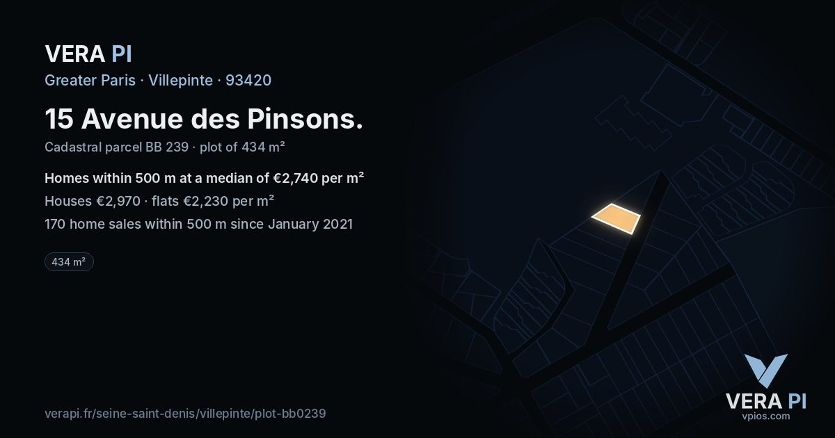 15 Avenue des Pinsons, Villepinte at night – the plot lit, the parcels around coloured by the prices near them