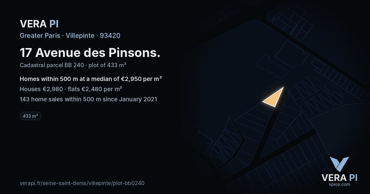 17 Avenue des Pinsons, Villepinte at night – the plot lit, the parcels around coloured by the prices near them