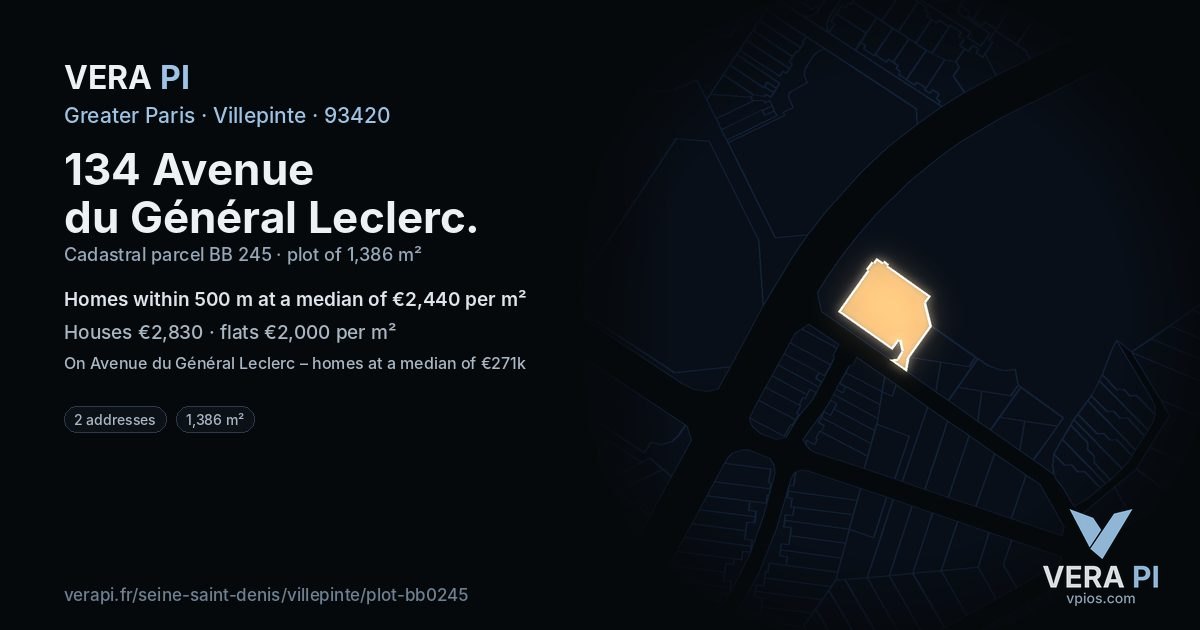 134 Avenue du Général Leclerc, Villepinte at night – the plot lit, the parcels around coloured by the prices near them