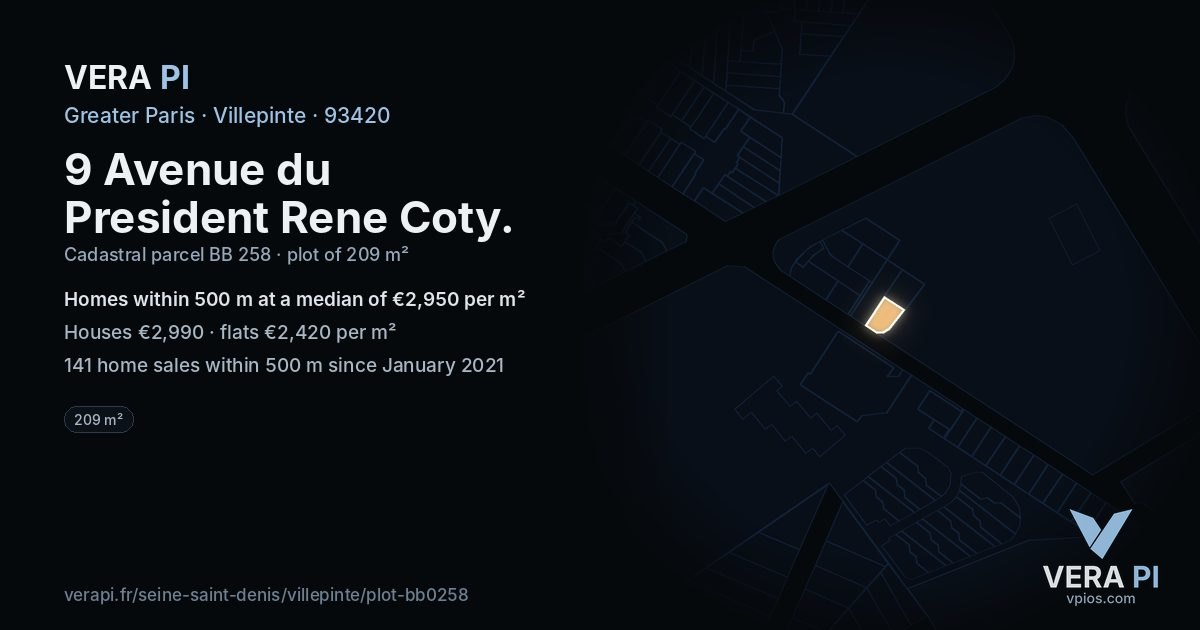 9 Avenue du President Rene Coty, Villepinte at night – the plot lit, the parcels around coloured by the prices near them