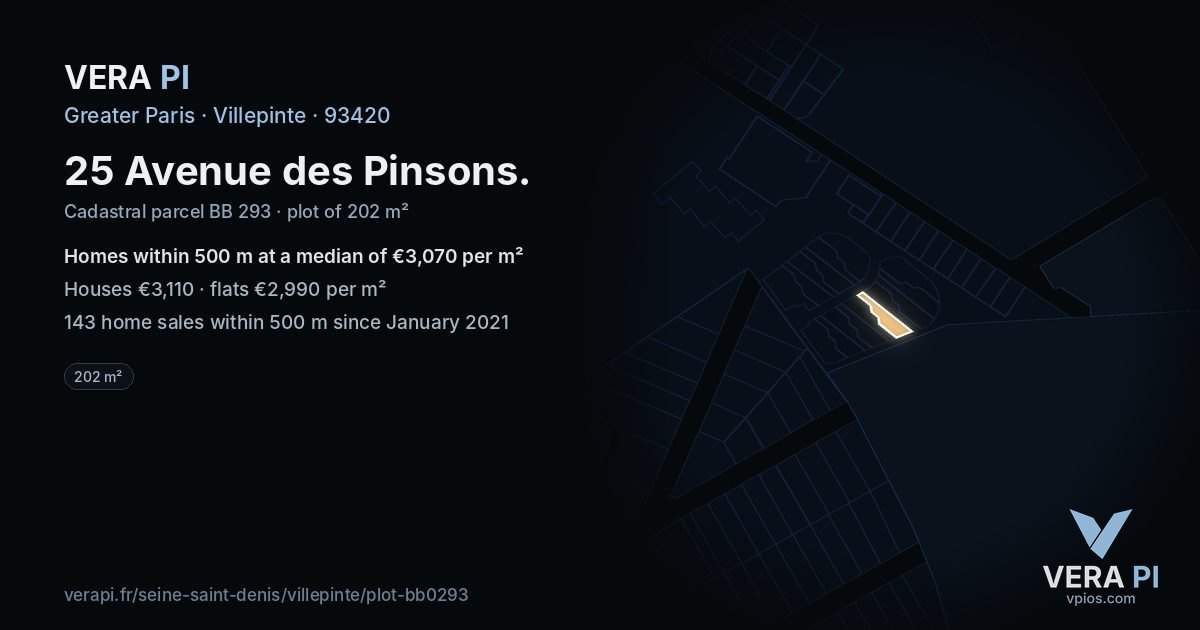 25 Avenue des Pinsons, Villepinte at night – the plot lit, the parcels around coloured by the prices near them