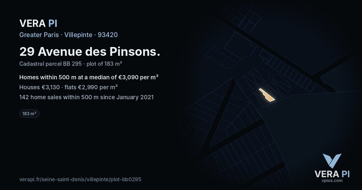 29 Avenue des Pinsons, Villepinte at night – the plot lit, the parcels around coloured by the prices near them