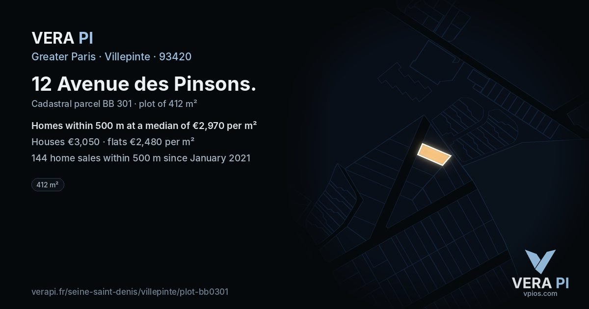 12 Avenue des Pinsons, Villepinte at night – the plot lit, the parcels around coloured by the prices near them