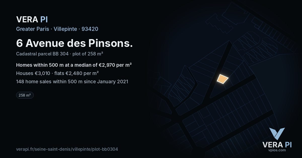 6 Avenue des Pinsons, Villepinte at night – the plot lit, the parcels around coloured by the prices near them