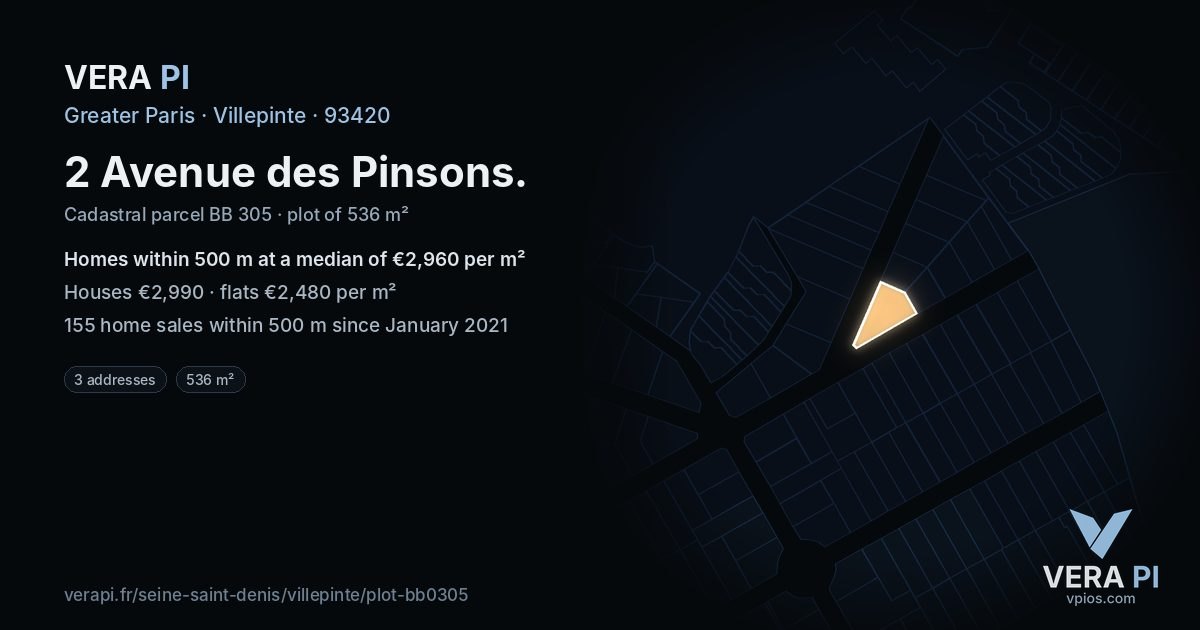 2 Avenue des Pinsons, Villepinte at night – the plot lit, the parcels around coloured by the prices near them