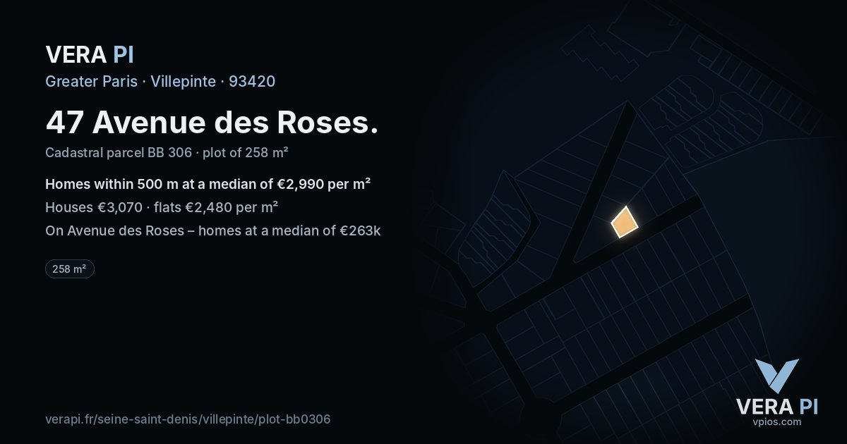 47 Avenue des Roses, Villepinte at night – the plot lit, the parcels around coloured by the prices near them