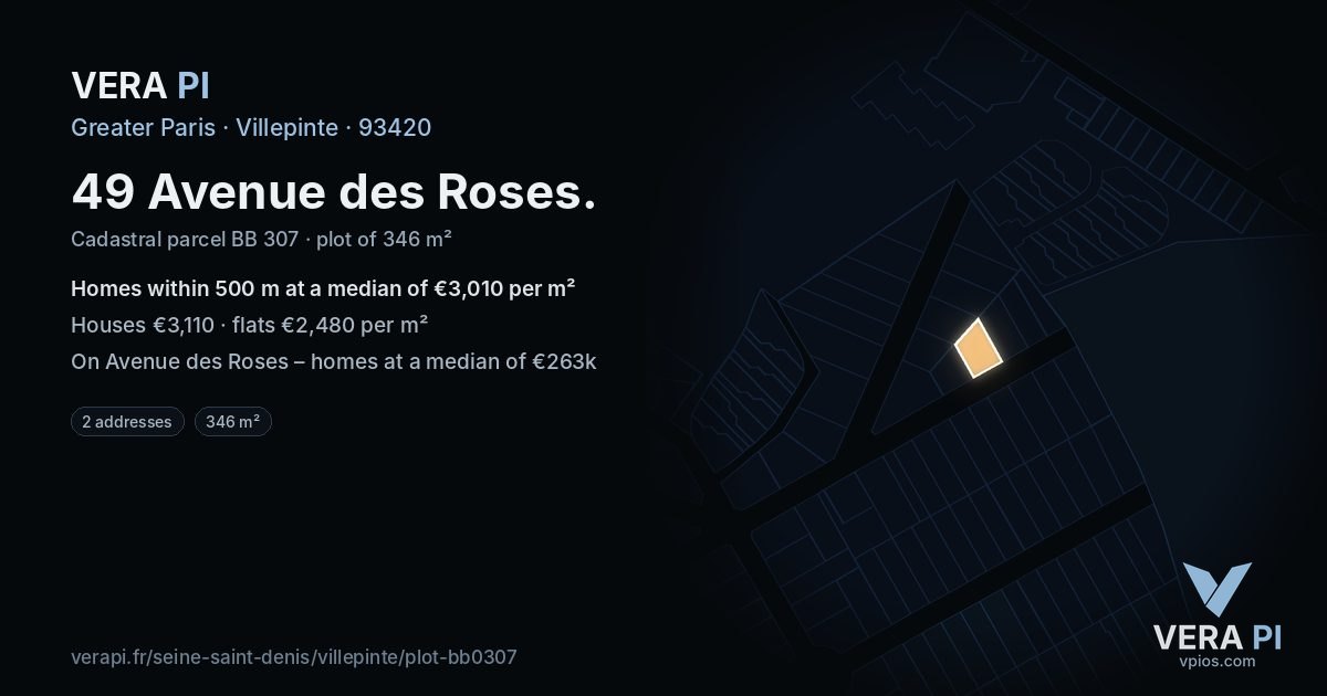 49 Avenue des Roses, Villepinte at night – the plot lit, the parcels around coloured by the prices near them