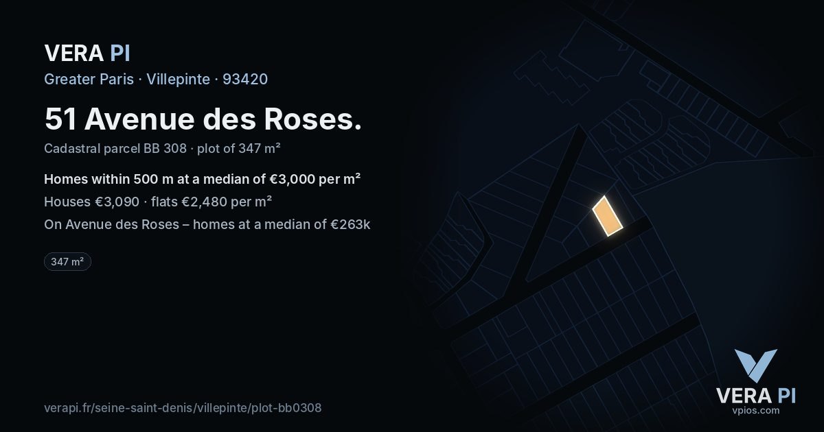 51 Avenue des Roses, Villepinte at night – the plot lit, the parcels around coloured by the prices near them
