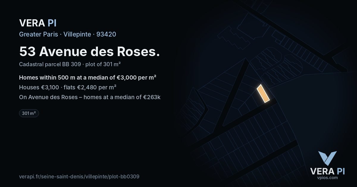 53 Avenue des Roses, Villepinte at night – the plot lit, the parcels around coloured by the prices near them