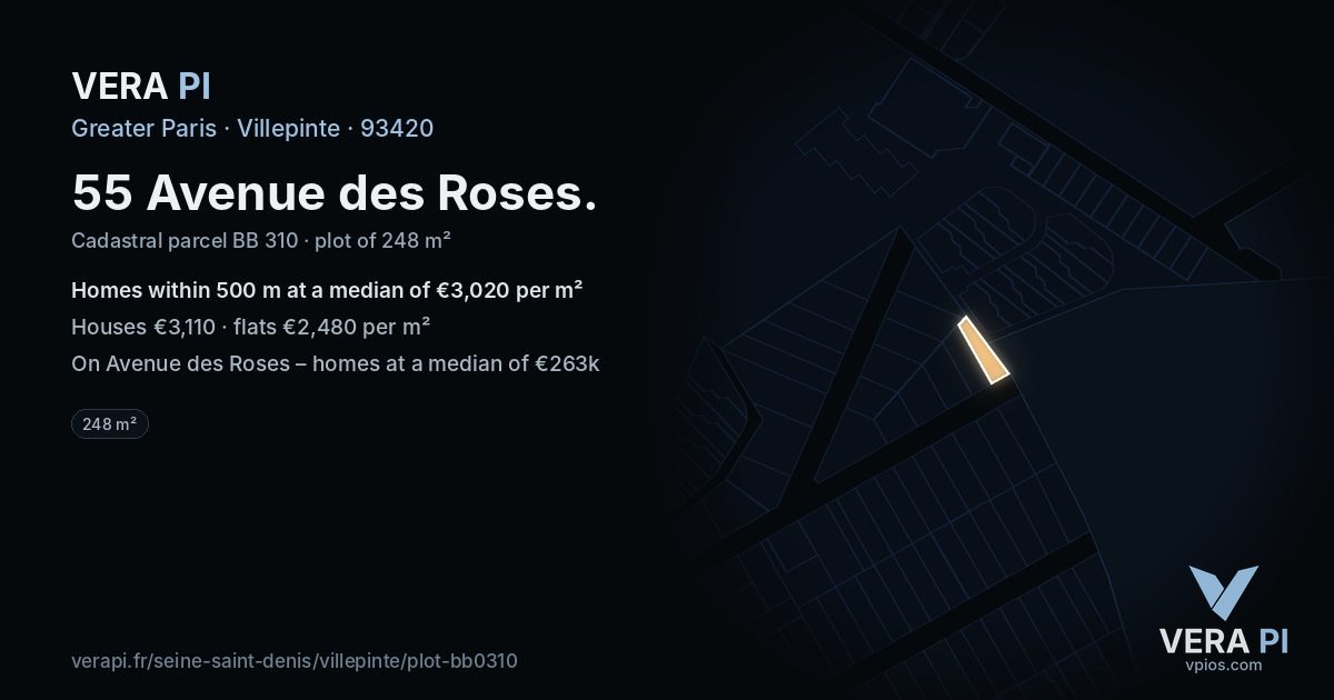 55 Avenue des Roses, Villepinte at night – the plot lit, the parcels around coloured by the prices near them