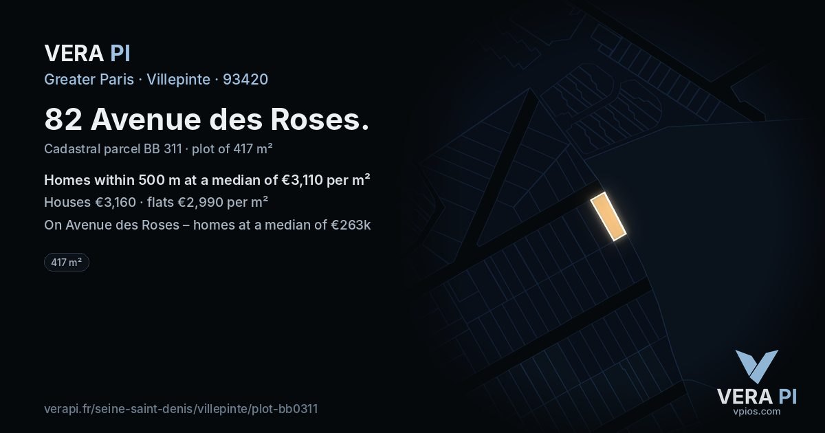 82 Avenue des Roses, Villepinte at night – the plot lit, the parcels around coloured by the prices near them