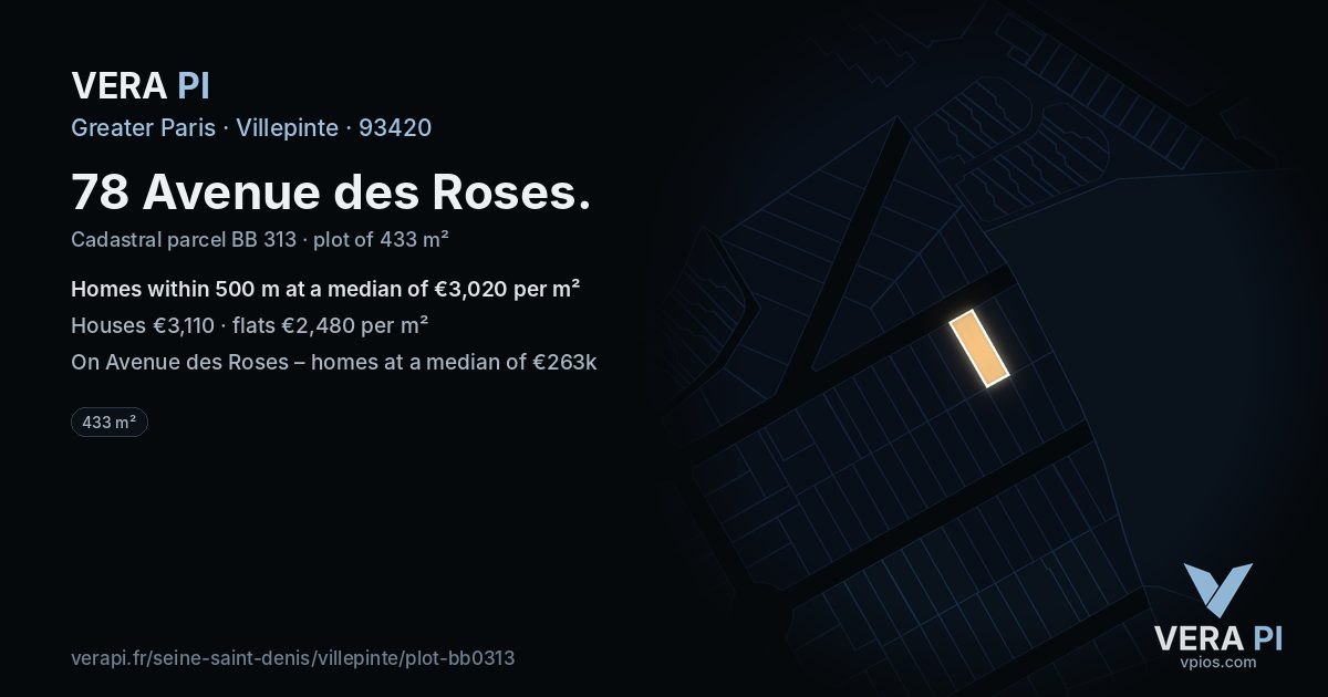78 Avenue des Roses, Villepinte at night – the plot lit, the parcels around coloured by the prices near them