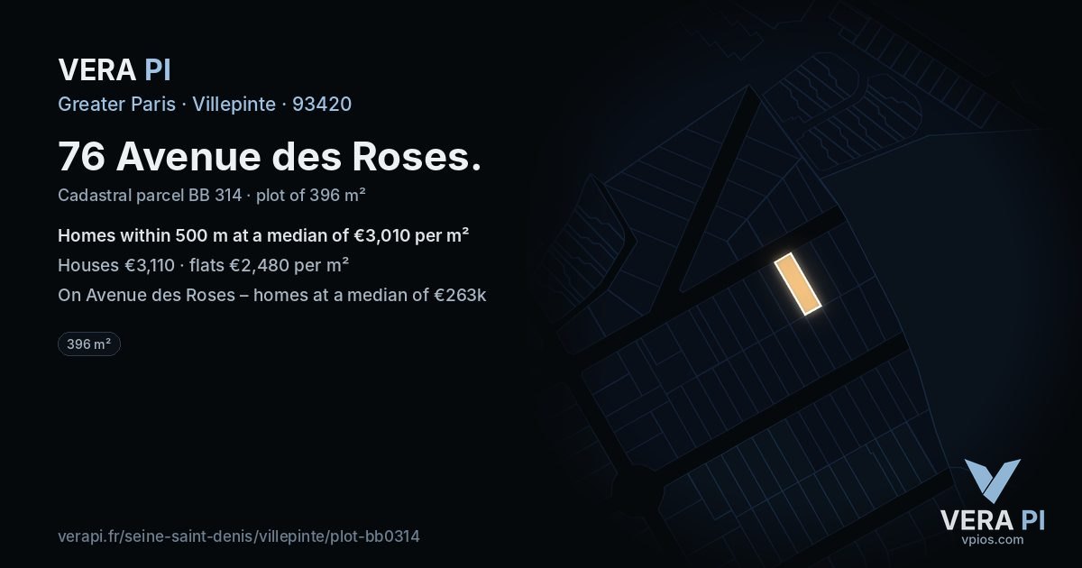 76 Avenue des Roses, Villepinte at night – the plot lit, the parcels around coloured by the prices near them
