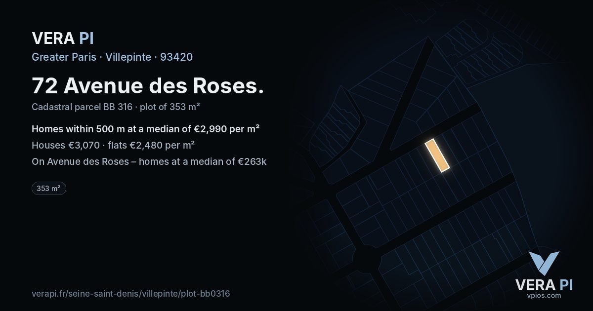 72 Avenue des Roses, Villepinte at night – the plot lit, the parcels around coloured by the prices near them