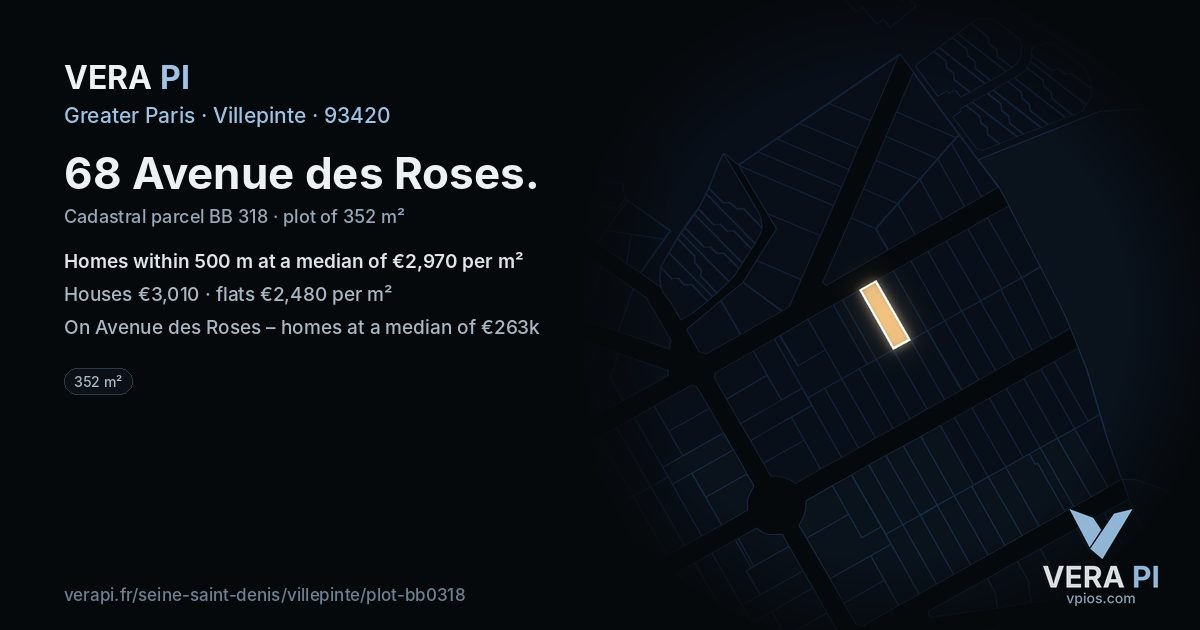 68 Avenue des Roses, Villepinte at night – the plot lit, the parcels around coloured by the prices near them