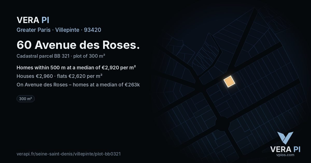 60 Avenue des Roses, Villepinte at night – the plot lit, the parcels around coloured by the prices near them
