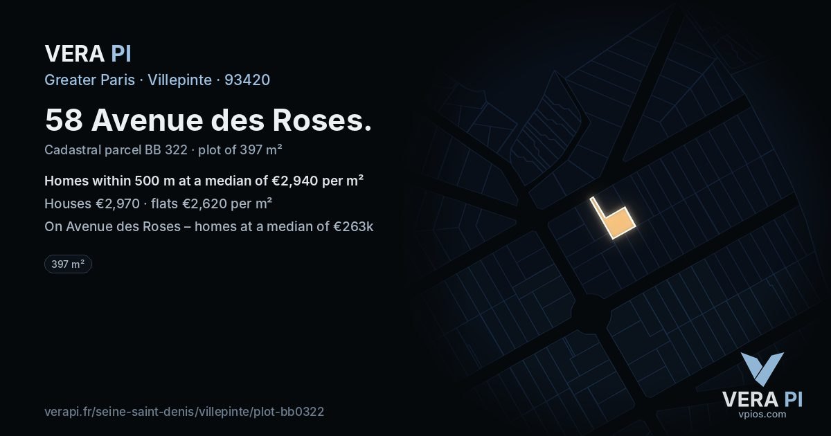 58 Avenue des Roses, Villepinte at night – the plot lit, the parcels around coloured by the prices near them