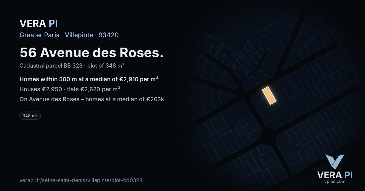 56 Avenue des Roses, Villepinte at night – the plot lit, the parcels around coloured by the prices near them
