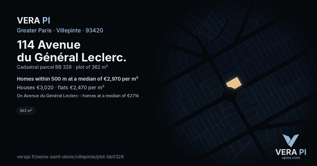 114 Avenue du Général Leclerc, Villepinte at night – the plot lit, the parcels around coloured by the prices near them