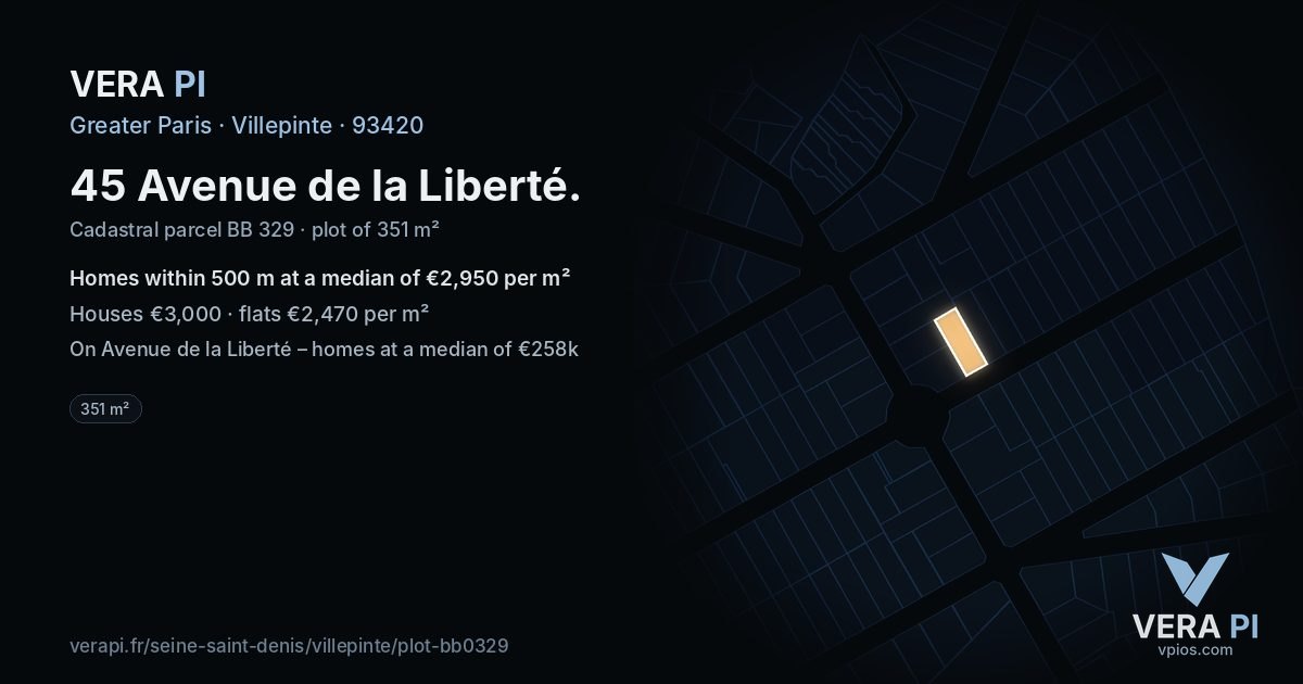 45 Avenue de la Liberté, Villepinte at night – the plot lit, the parcels around coloured by the prices near them