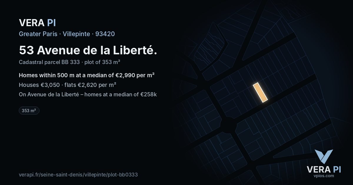 53 Avenue de la Liberté, Villepinte at night – the plot lit, the parcels around coloured by the prices near them