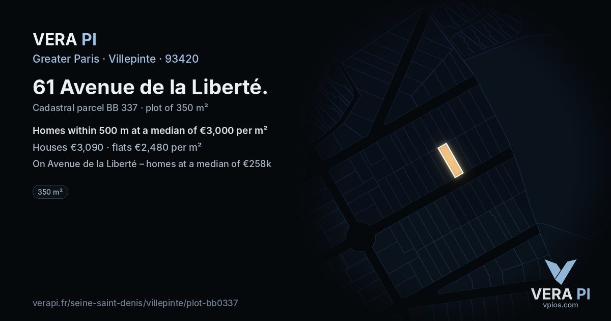 61 Avenue de la Liberté, Villepinte at night – the plot lit, the parcels around coloured by the prices near them