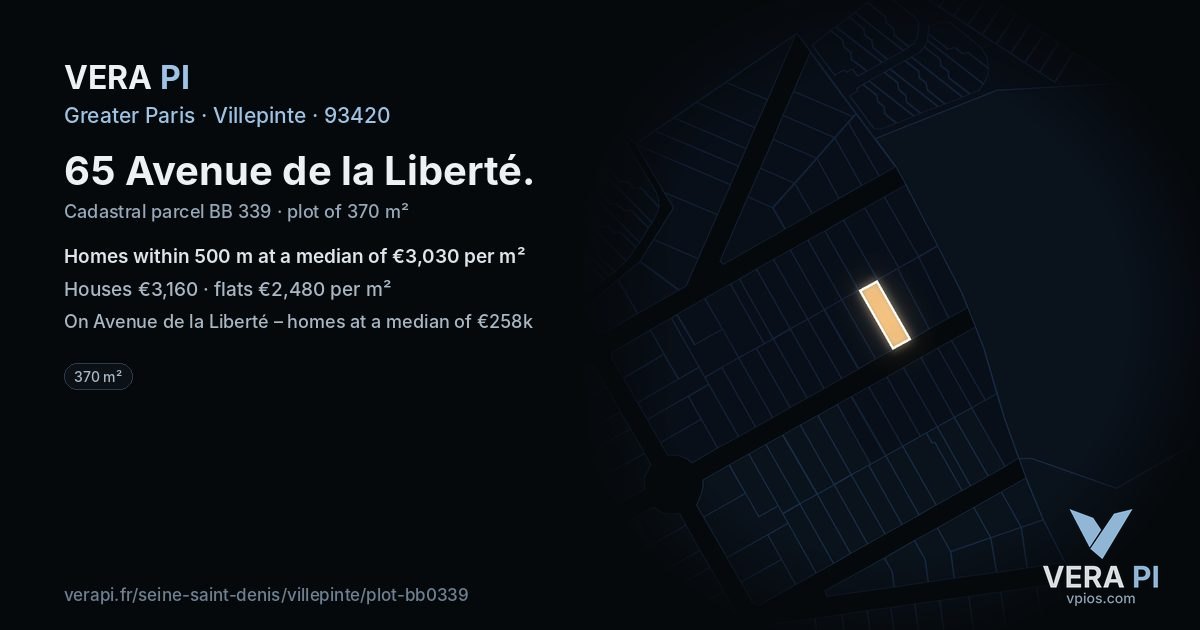 65 Avenue de la Liberté, Villepinte at night – the plot lit, the parcels around coloured by the prices near them