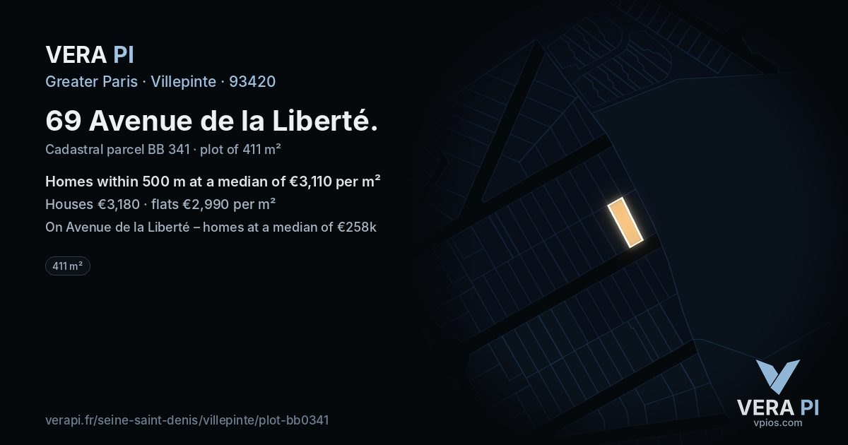 69 Avenue de la Liberté, Villepinte at night – the plot lit, the parcels around coloured by the prices near them
