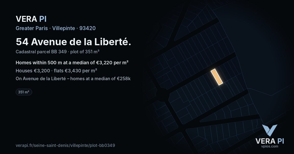 54 Avenue de la Liberté, Villepinte at night – the plot lit, the parcels around coloured by the prices near them
