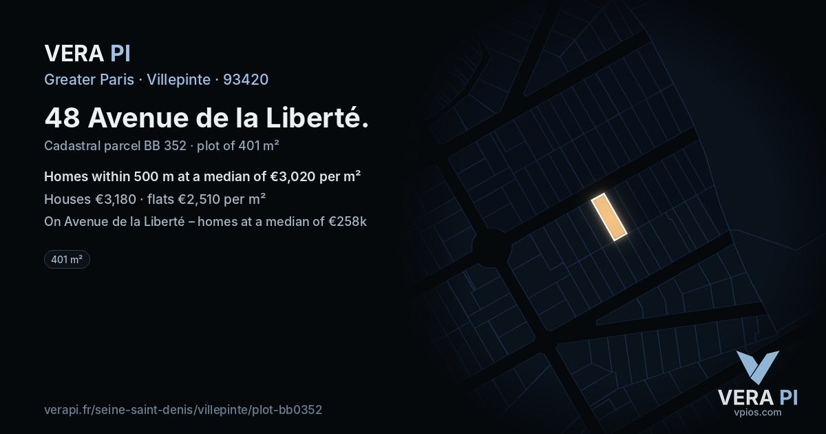 48 Avenue de la Liberté, Villepinte at night – the plot lit, the parcels around coloured by the prices near them