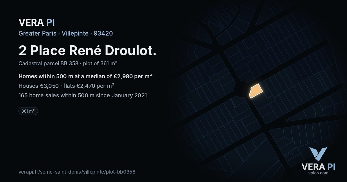 2 Place René Droulot, Villepinte at night – the plot lit, the parcels around coloured by the prices near them