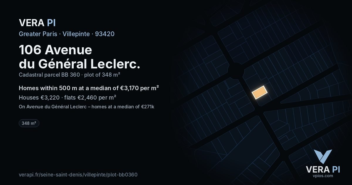 106 Avenue du Général Leclerc, Villepinte at night – the plot lit, the parcels around coloured by the prices near them
