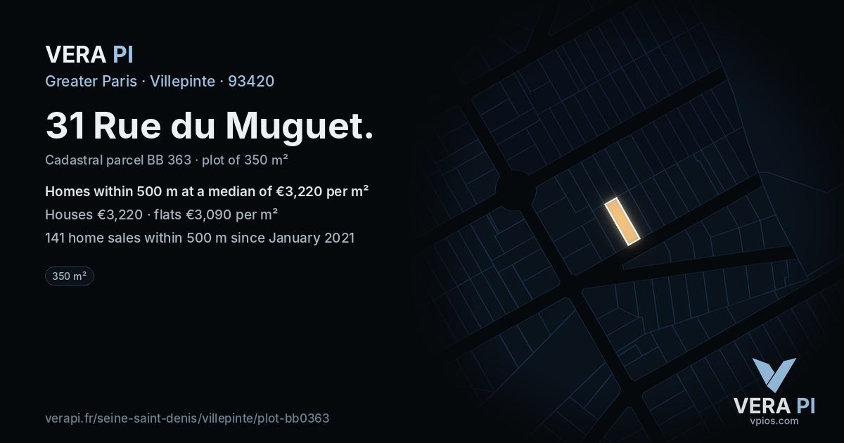 31 Rue du Muguet, Villepinte at night – the plot lit, the parcels around coloured by the prices near them